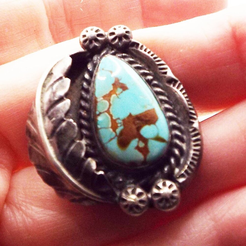 PRE-1900 ANTIQUE PAWN NAVAJO STERLING SILVER CERRILLOS TURQUOISE SZ.8 RING #1 H - Picture 6 of 6